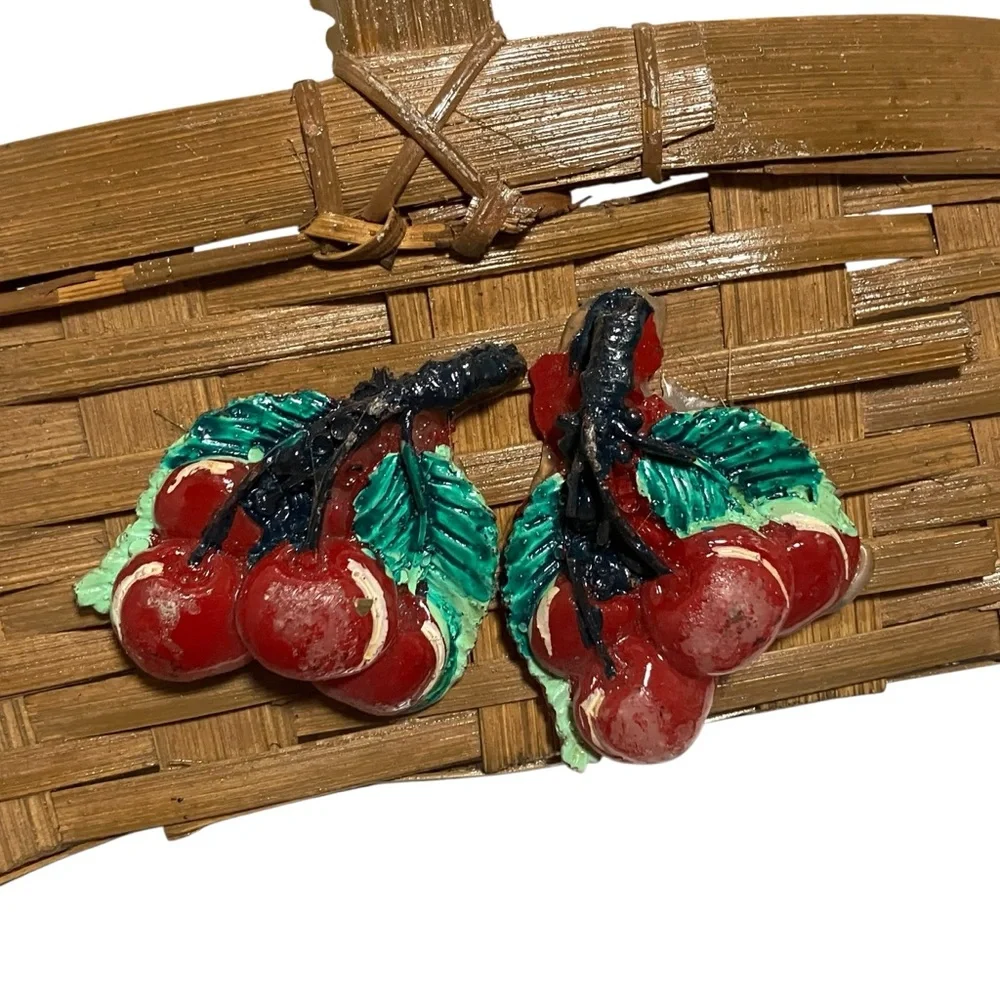 Vintage Cherry Trim Baskets Nesting with Handle Made in Philippines